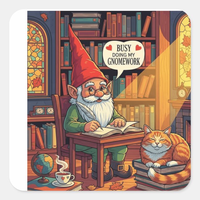 Cosy gnome doing his gnomework square sticker (Front)