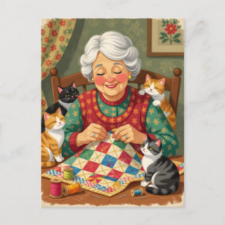 Cosy Granny Quilter with Cats Postcard