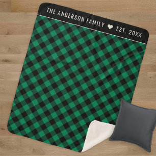 Cosy Green and Black Buffalo Plaid Family Monogram Sherpa Blanket
