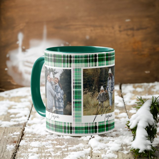 Cosy Green and White Plaid fabric Family Photos Mug (Cozy Green and White Plaid fabric Family Photos Mug)