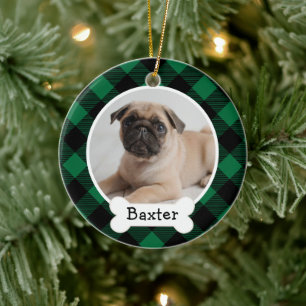 Cosy Green Buffalo Plaid Christmas Dog Photo Name Ceramic Tree Decoration