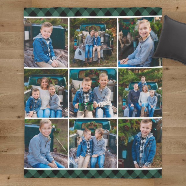 Cosy Green Buffalo Plaid Holiday Photo Collage Fleece Blanket (Creator Uploaded)
