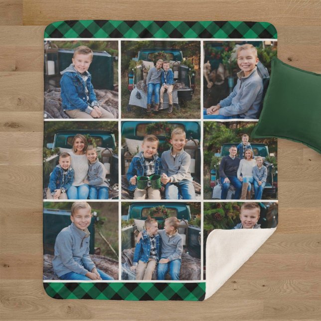 Cosy Green Buffalo Plaid Holiday Photo Collage Sherpa Blanket (Creator Uploaded)