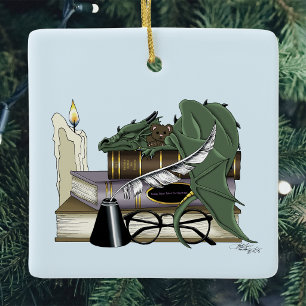 Cosy Green Whimsical Sleeping Dragon Book Lover Ceramic Ornament