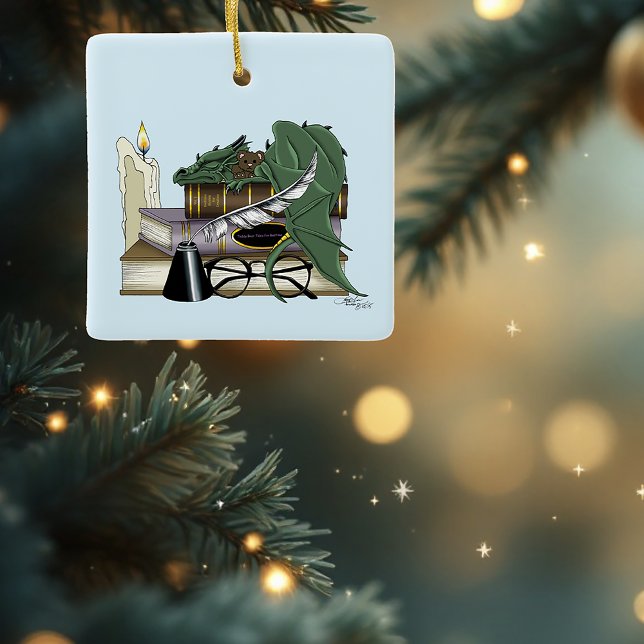 Cosy Green Whimsical Sleeping Dragon Book Lover Ceramic Ornament (Creator Uploaded)
