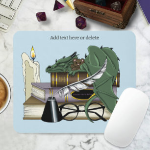 Cosy Green Whimsical Sleeping Dragon Book Lover Mouse Mat