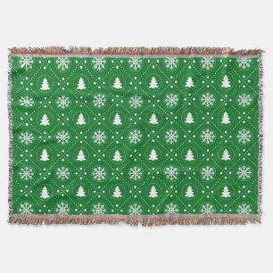 Cosy Green White Snowflakes Christmas Trees Design Throw Blanket