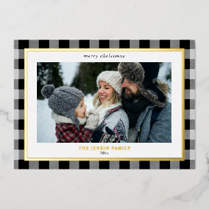 Cosy Grey Black Plaid Border 3 Photos Christmas Foil Holiday Card