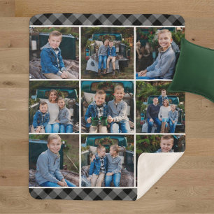 Cosy Grey Buffalo Plaid Holiday Photo Collage Sherpa Blanket