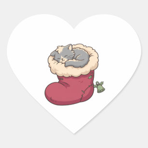 Cosy Grey Cat in Christmas Stocking Heart Sticker