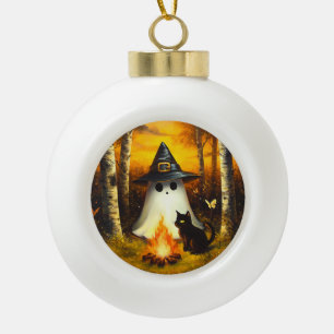 Cosy Halloween Ghost & Black Cat Campfire Art Ceramic Ball Christmas Ornament