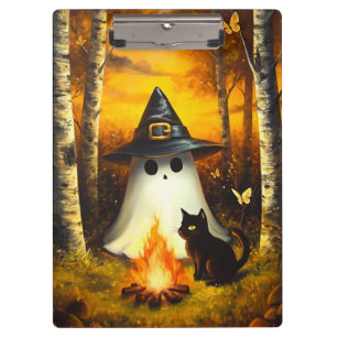 Cosy Halloween Ghost & Black Cat Campfire Art Clipboard