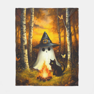 Cosy Halloween Ghost & Black Cat Campfire Art Fleece Blanket