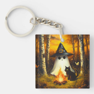 Cosy Halloween Ghost & Black Cat Campfire Art Key Ring