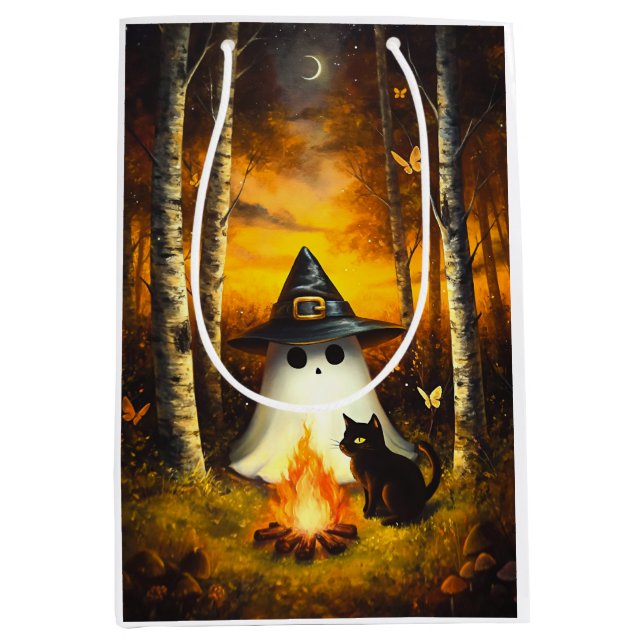 Cosy Halloween Ghost & Black Cat Campfire Art Medium Gift Bag (Front)