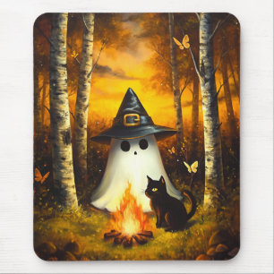 Cosy Halloween Ghost & Black Cat Campfire Art Mouse Mat