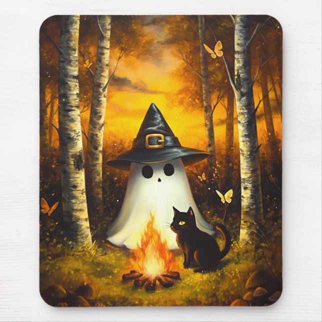 Cosy Halloween Ghost & Black Cat Campfire Art Mouse Mat (Front)