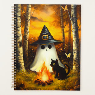 Cosy Halloween Ghost & Black Cat Campfire Art Planner