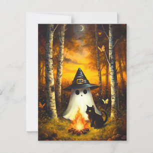 Cosy Halloween Ghost & Black Cat Campfire Art Postcard