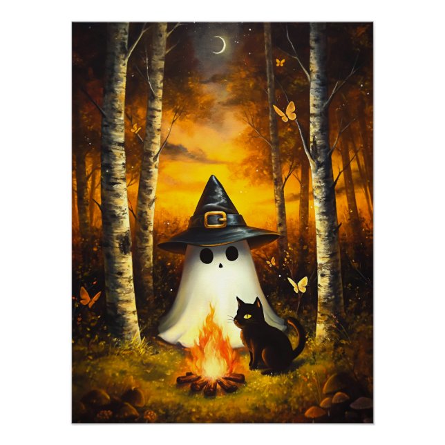 Cosy Halloween Ghost & Black Cat Campfire Art Poster (Front)
