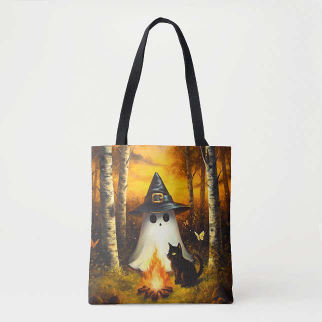 Cosy Halloween Ghost & Black Cat Campfire Art Tote Bag (Front)