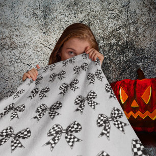 Cosy Halloween grey checked black bows Coquette Fleece Blanket