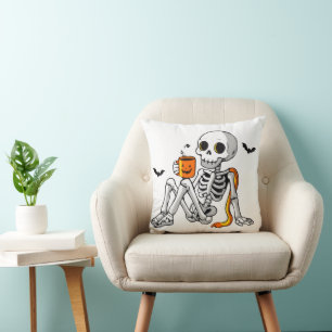 Cosy Halloween Skeleton with Coffee & Bats Mug / S Cushion