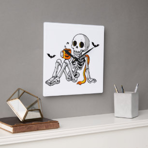 Cosy Halloween Skeleton with Coffee & Bats Mug / S Square Wall Clock