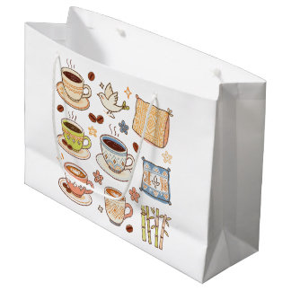 Cosy Hand-Drawn Coffee & Folk Art Doodle Set Large Gift Bag