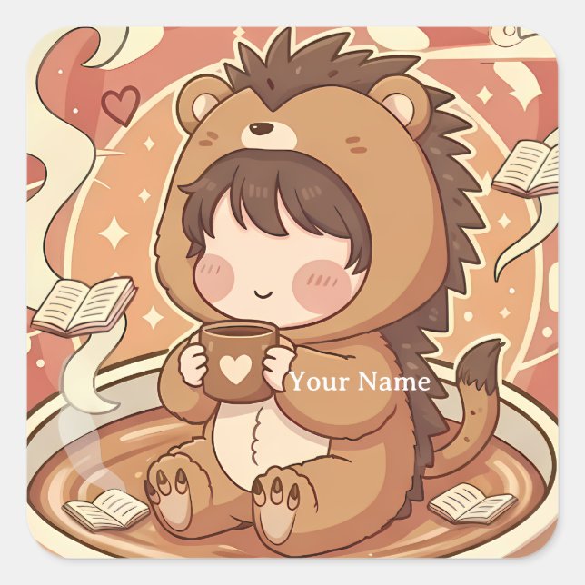 Cosy Hedgehog Coffee Square Journal Sticker (Front)