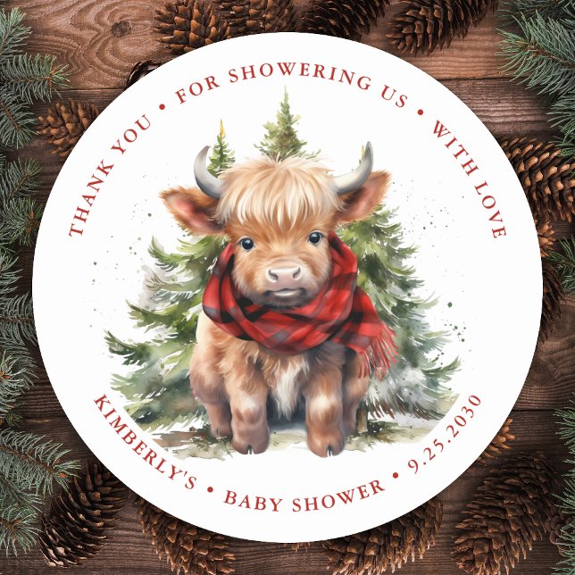 Cosy Highland Cow Farm Animals Winter Baby Shower Classic Round Sticker (Creator Uploaded)