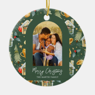 Cosy Holiday Green Illustrated Print Photo Ceramic Tree Decoration