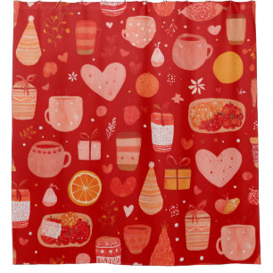 Cosy Holiday Mugs and Gifts Red Pattern Shower Curtain