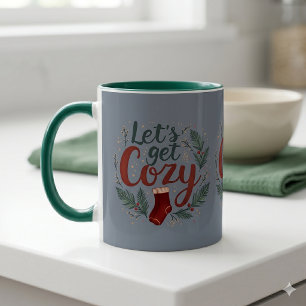 Cosy Holiday Pine Berry Lettering Blue Mug