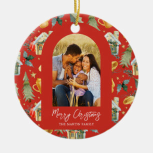 Cosy Holiday Red Illustrated Print Photo Ceramic Tree Decoration