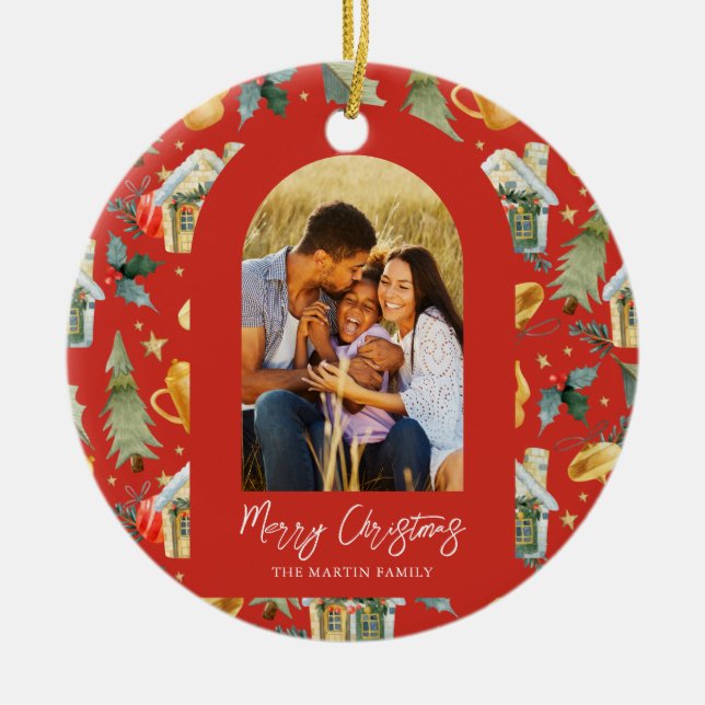 Cosy Holiday Red Illustrated Print Photo Ceramic Tree Decoration (Front)