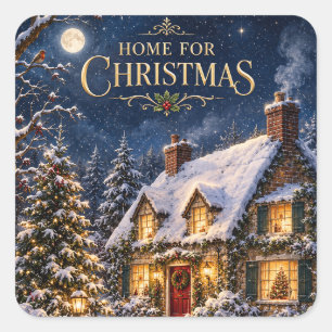 Cosy Home for Christmas , Elegant Snowy House Square Sticker