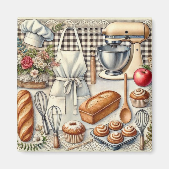 Cosy Homemade Baking Scene with Apron Magnet (Front)