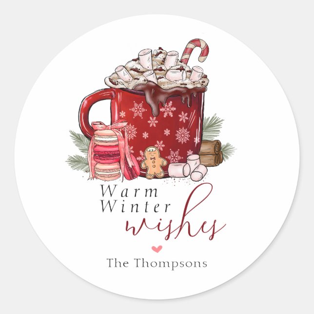 Cosy Hot Chocolate Warm Winter Wishes Christmas Classic Round Sticker (Front)