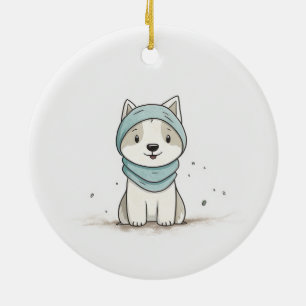 Cosy Husky Illustration - Adorable Puppy in Scarf Ceramic Tree Decoration