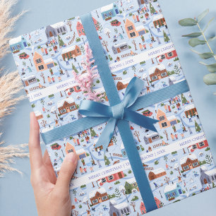 Cosy Hygge Christmas Winter Village Family Name Wrapping Paper