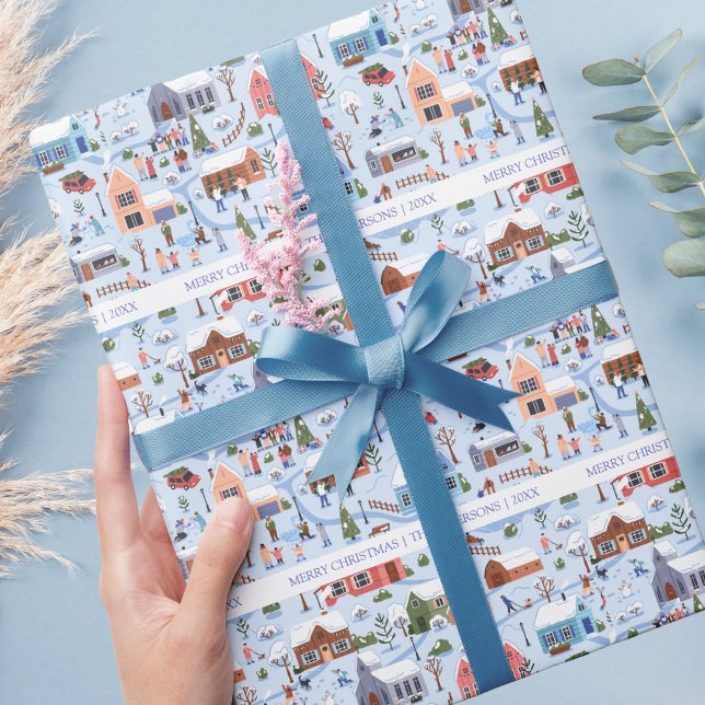 Cosy Hygge Christmas Winter Village Family Name Wrapping Paper (Hygge Scandinavian Christmas Village Wrapping Paper)