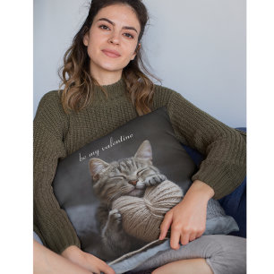 Cosy Hygge Valentine Tabby Cat Yarn Heart Cushion