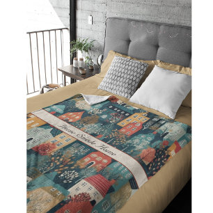 Cosy Hygge Village Nordic Folk Art, custom Fleece Blanket