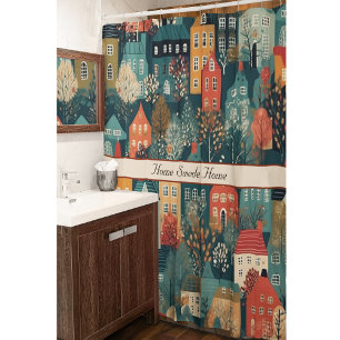 Cosy Hygge Village Nordic Folk Art, custom Shower Curtain