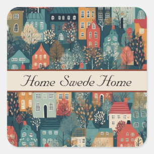 Cosy Hygge Village Nordic Folk Art, custom Square Sticker