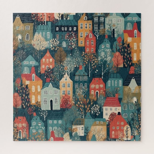 Cosy Hygge Village Nordic Folk Art Jigsaw Puzzle (Vertical)