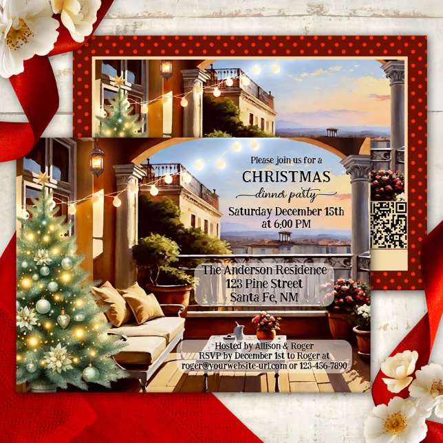 Cosy Italian Balcony Christmas Dinner Party Invitation (Christmas dinner party invitation featuring an Italian balcony with Christmas tree and string lights)