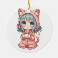 Cosy Kawaii Anime Girl with Cat Hoodie – Hot Drink
