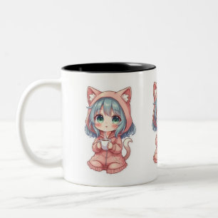 Cosy Kawaii Anime Girl with Cat Hoodie – Hot Drink Two-Tone Coffee Mug